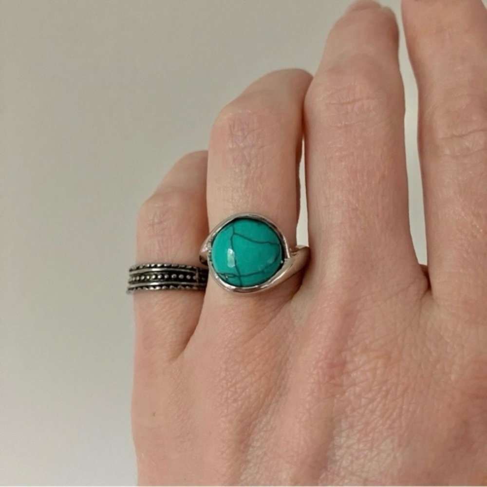 Boutique “Dixie” Southwestern Blue Turquoise Silver Ring 6.5 Cowgirl Maximalist